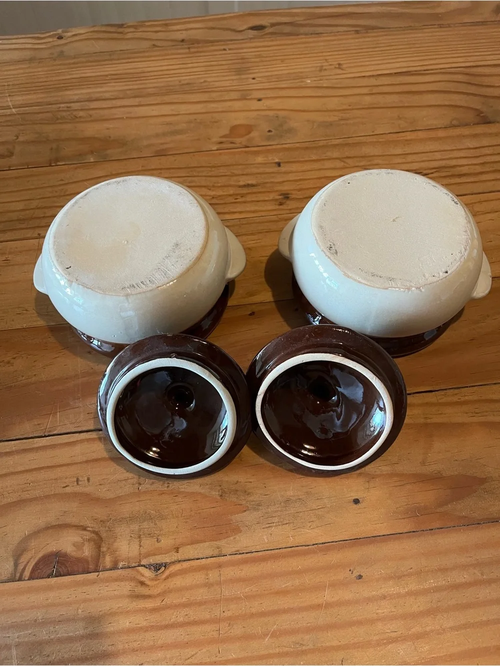 Vintage Brown and Cream Stoneware Casserole Bowls with Lids Set of 2